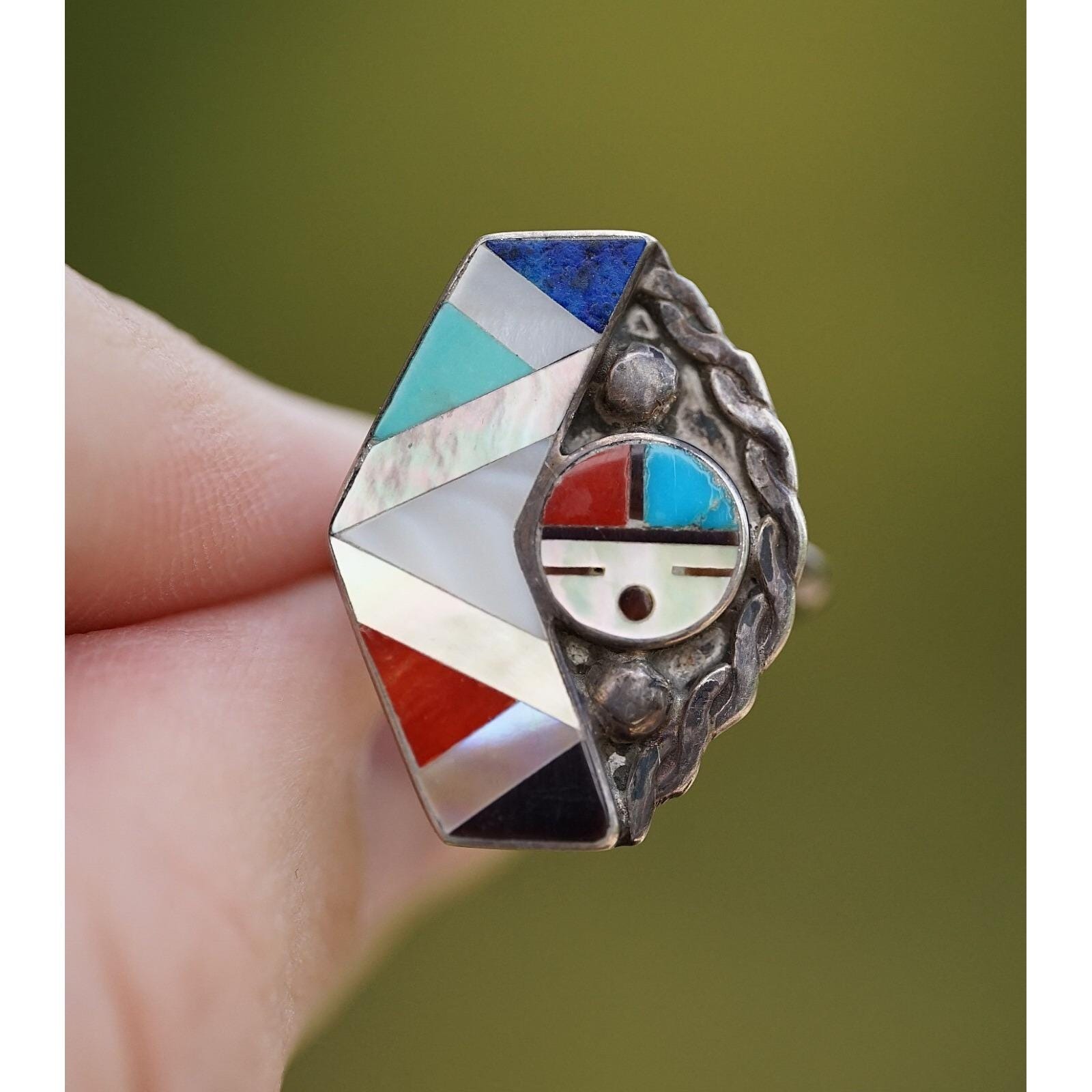 Old Pawn Zuni Native American Indian Sterling Silver Multi Stone Ring Size 6.75